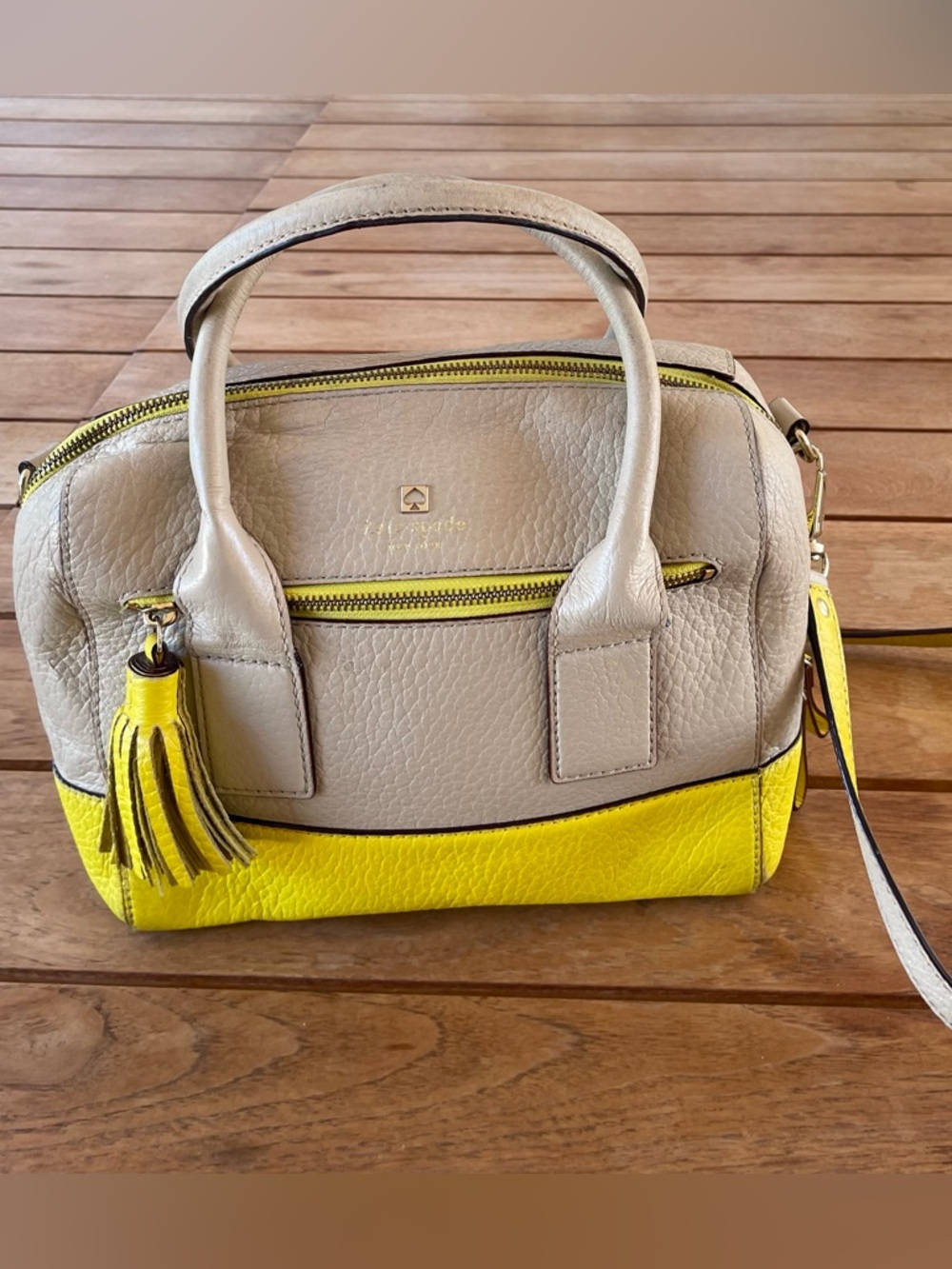 kate spade Southport AvenueTwo-Tone Beige and Yellow Leather Satchel with Tassel